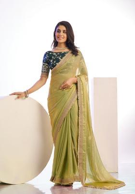 Green Embroidery Satin Saree Set