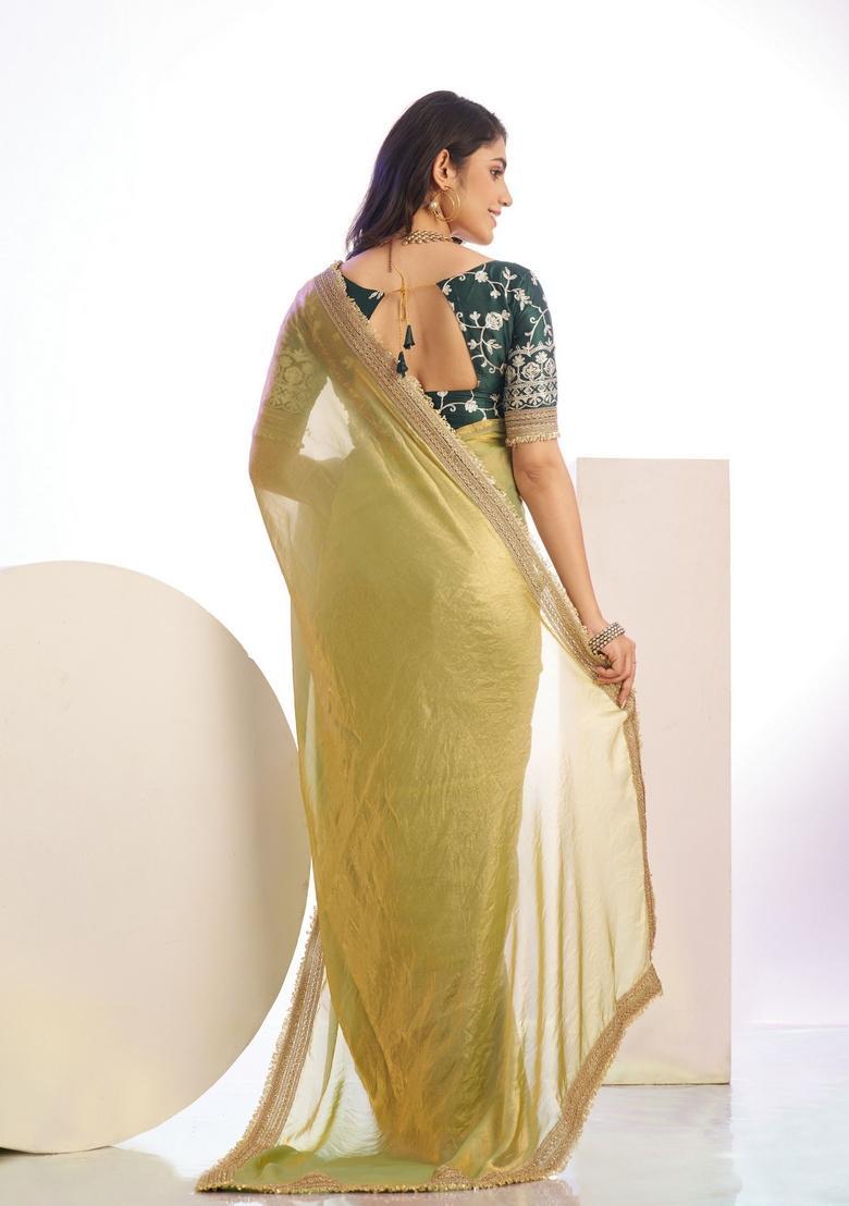 Green Embroidery Satin Saree Set - Indya