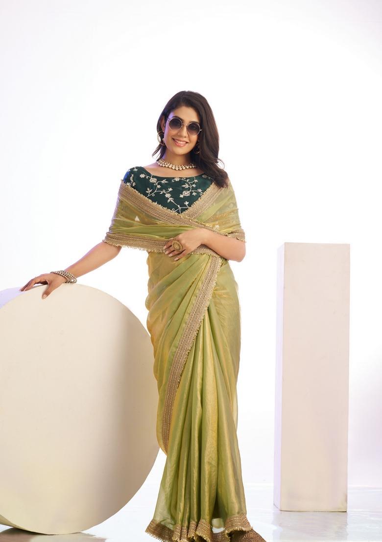 Green Embroidery Satin Saree Set - Indya