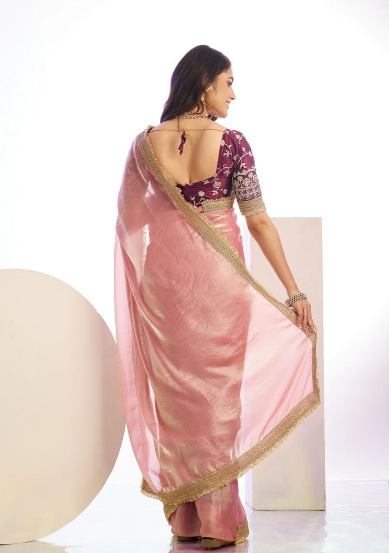 Pink Embroidery Satin Saree Set - Indya