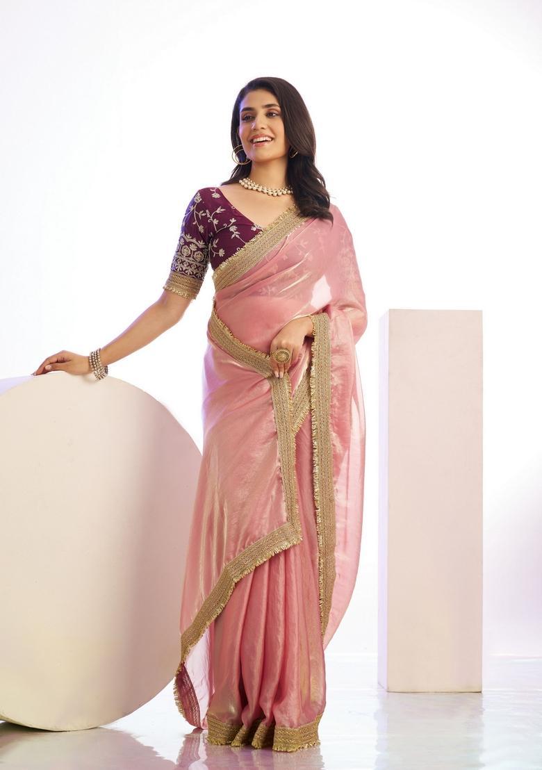 Pink Embroidery Satin Saree Set - Indya