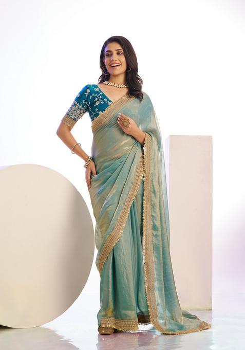 Aqua Embroidery Satin Saree Set