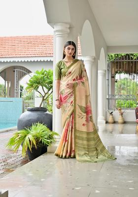Beige Printed Silk Saree Set