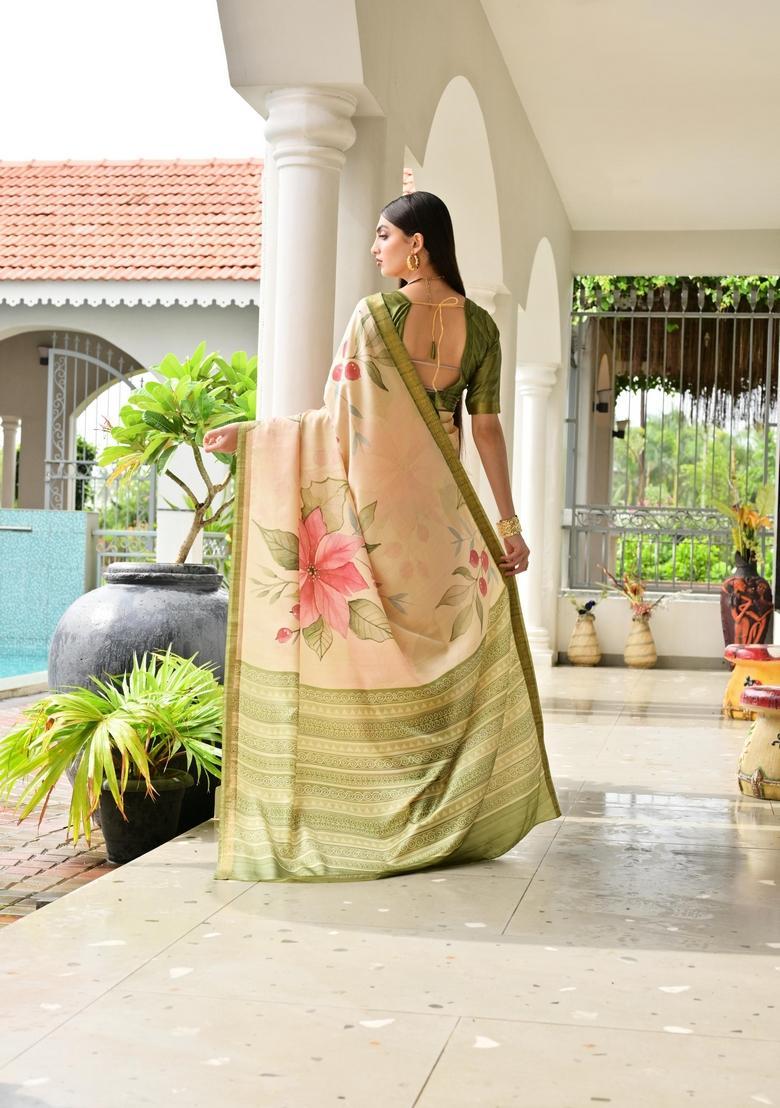 Beige Printed Silk Saree Set - Indya