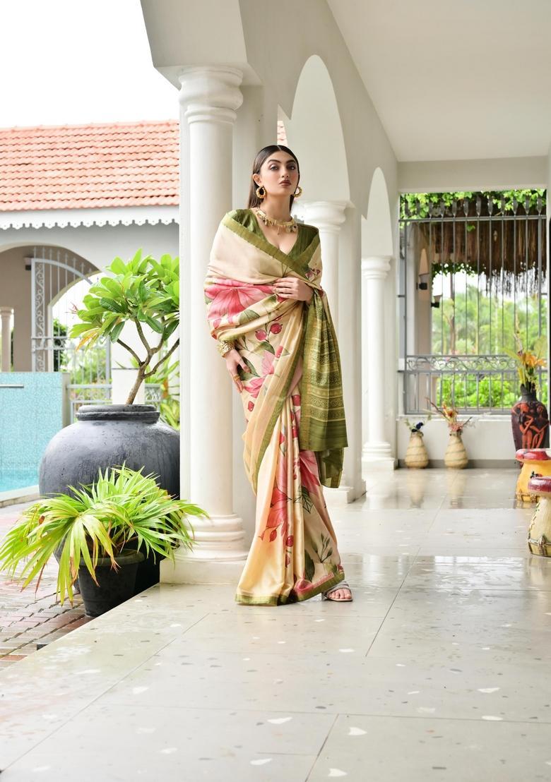Beige Printed Silk Saree Set - Indya