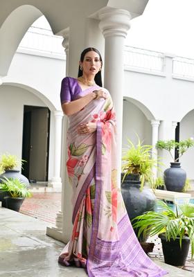 Beige Printed Silk Saree Set