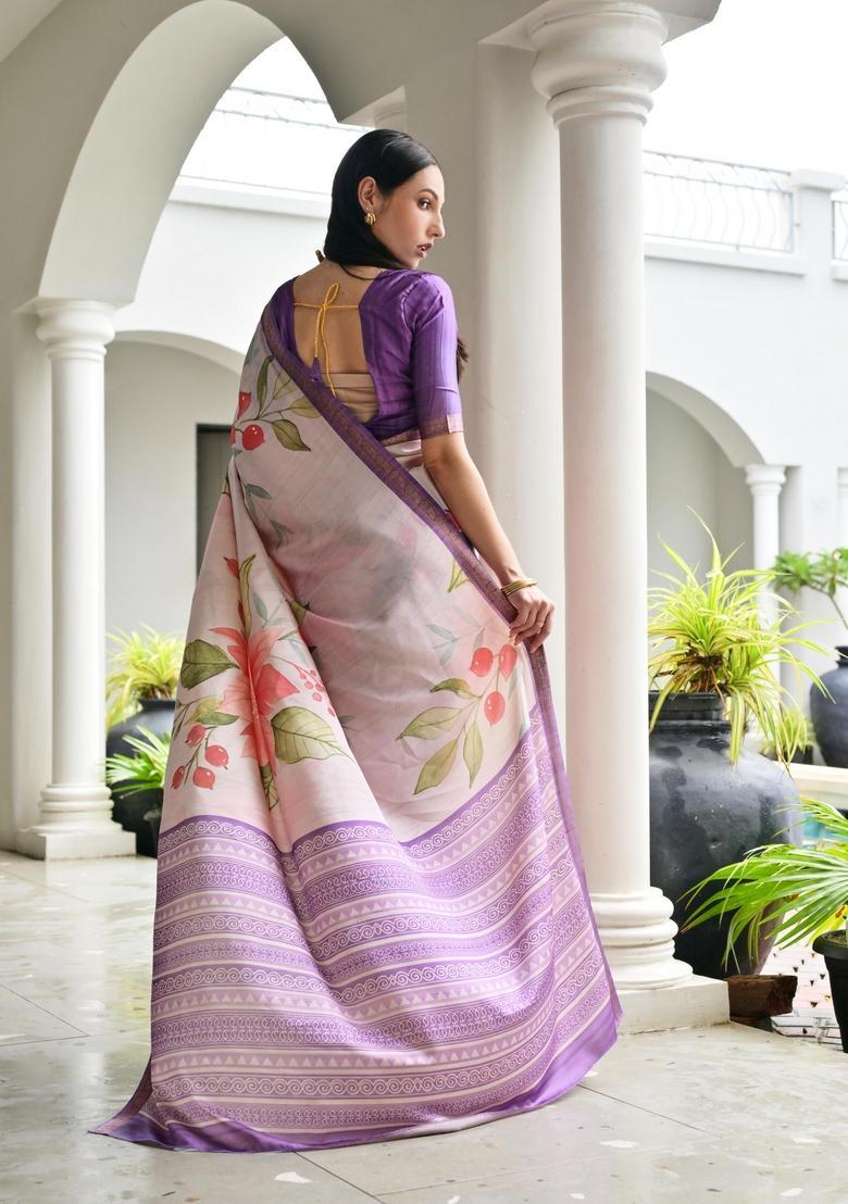 Beige Printed Silk Saree Set - Indya