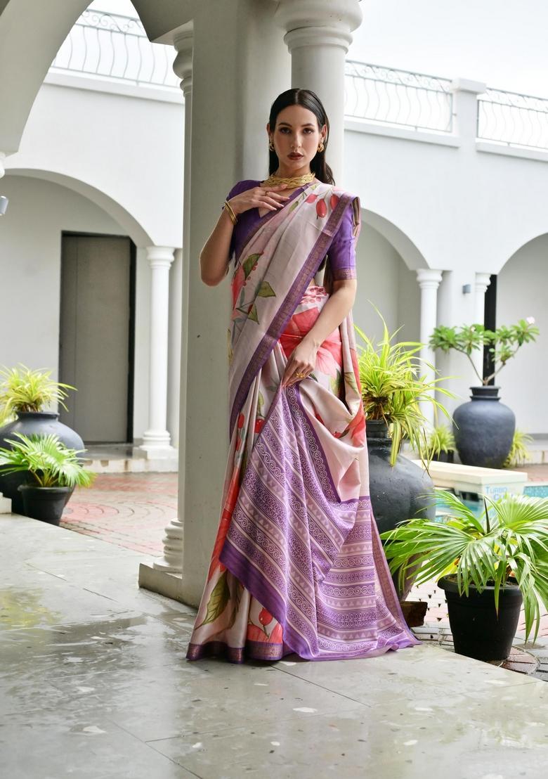 Beige Printed Silk Saree Set - Indya