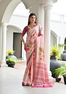 Beige Printed Silk Saree Set