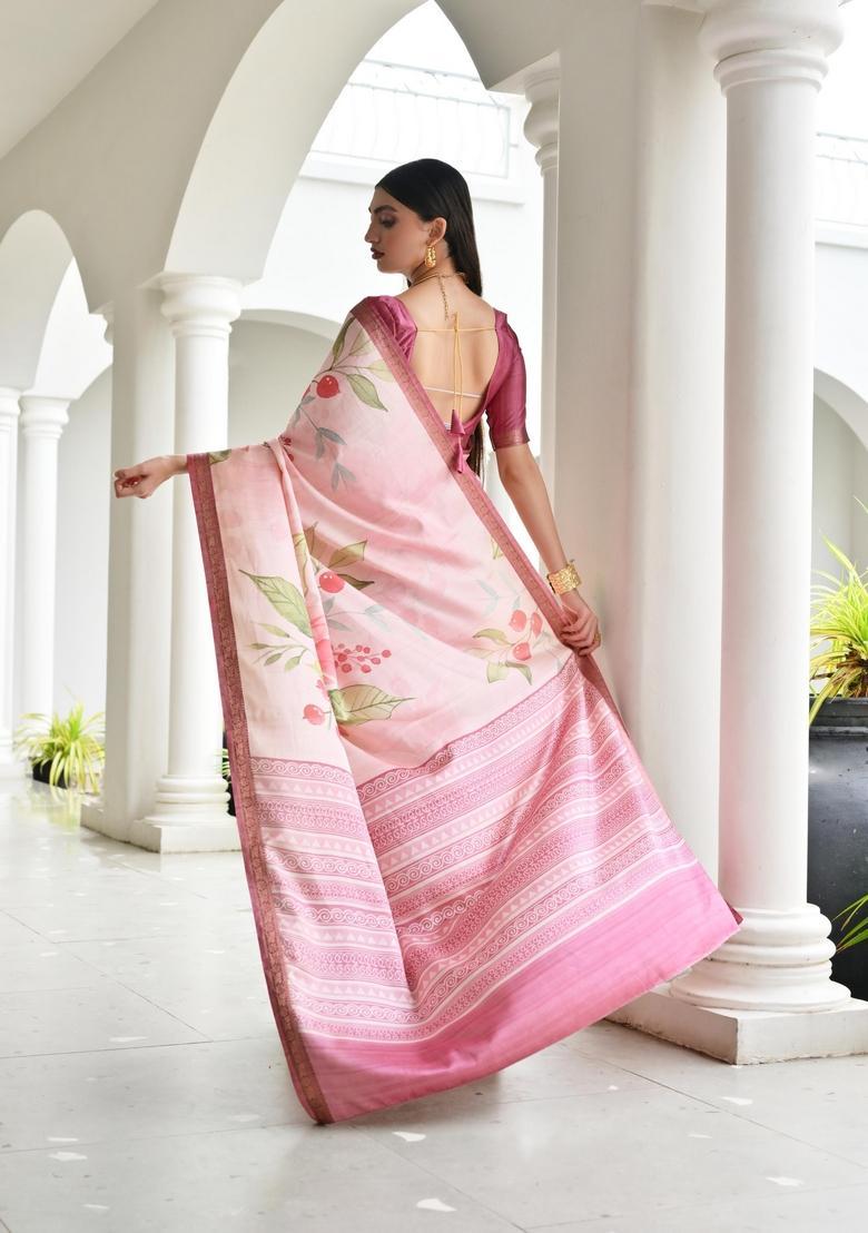 Beige Printed Silk Saree Set - Indya