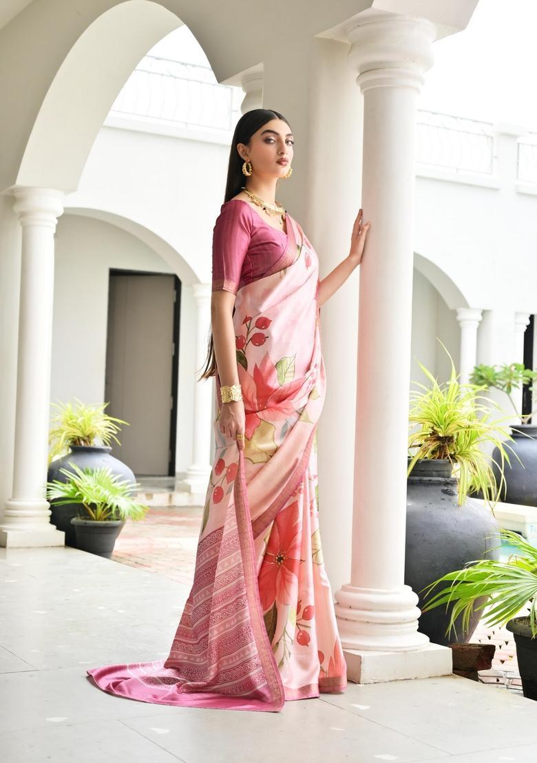 Beige Printed Silk Saree Set - Indya
