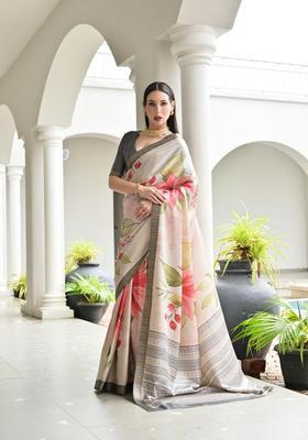 Beige Printed Silk Saree Set