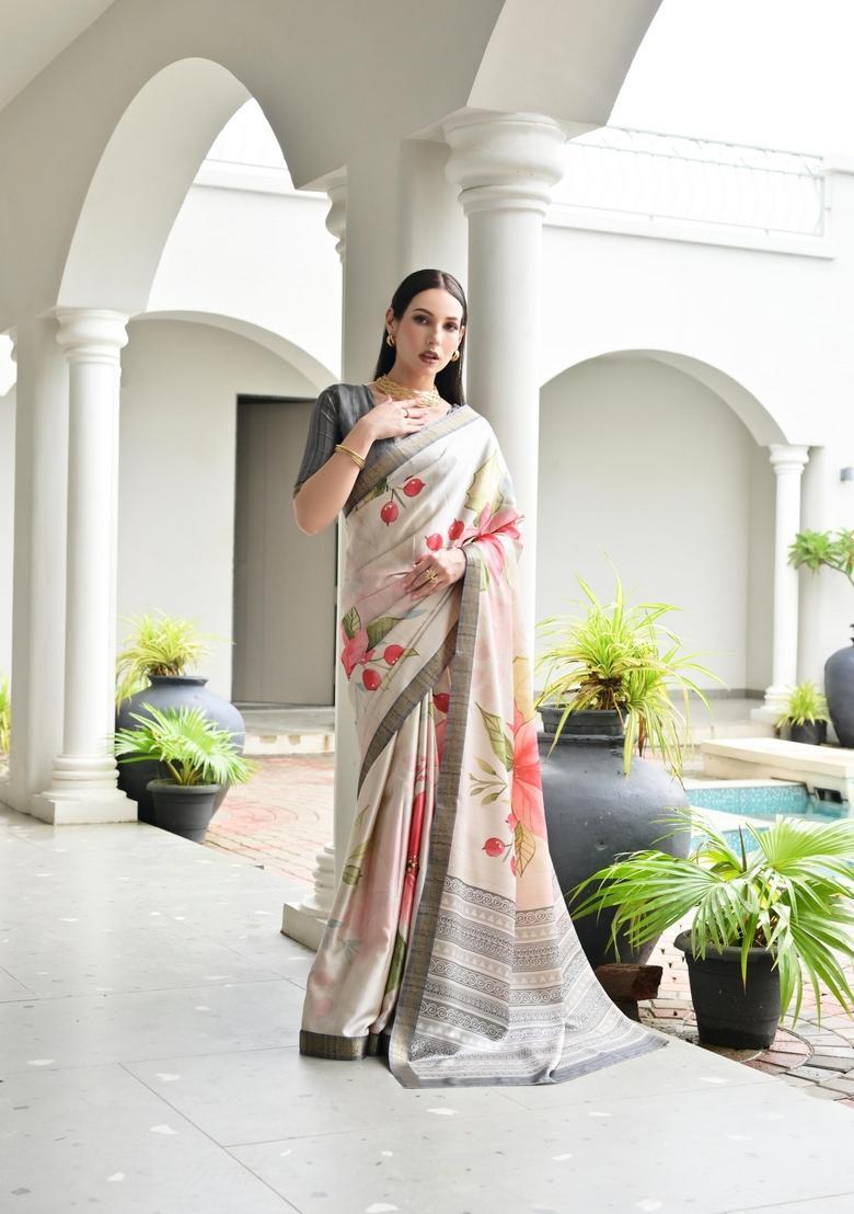 Beige Printed Silk Saree Set - Indya