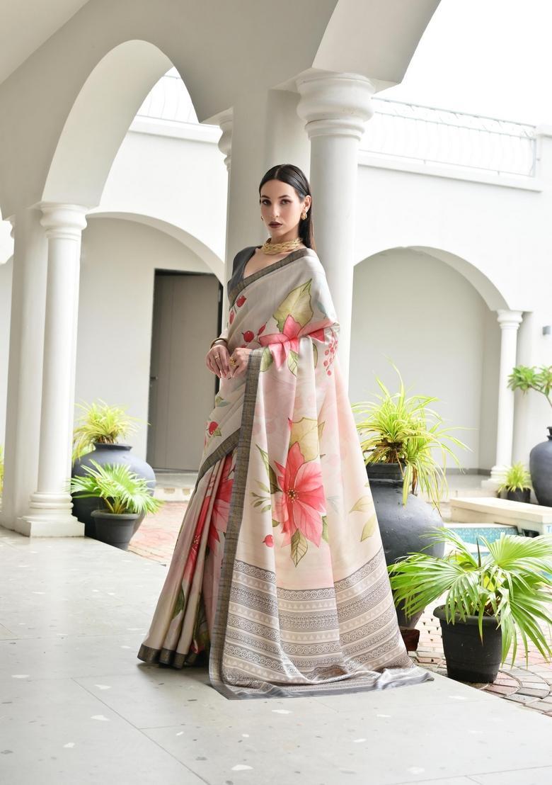 Beige Printed Silk Saree Set - Indya