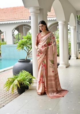 Beige Printed Silk Saree Set