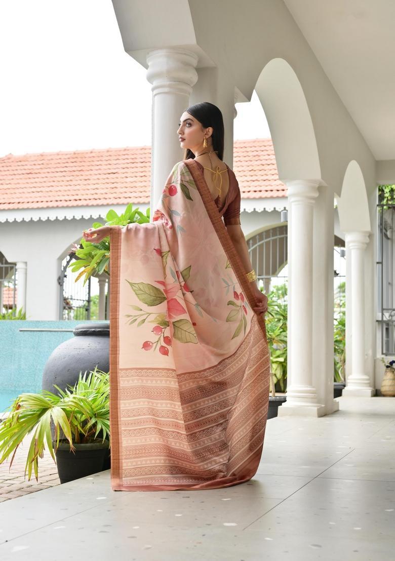 Beige Printed Silk Saree Set - Indya