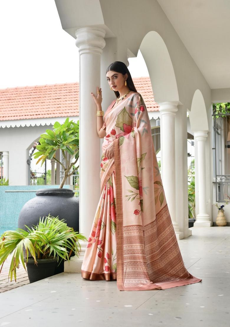 Beige Printed Silk Saree Set - Indya
