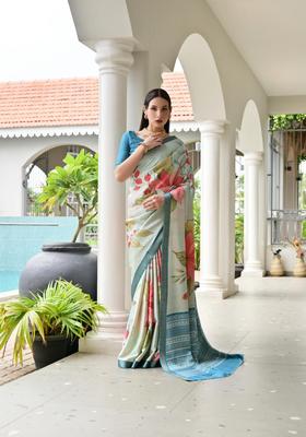 Beige Printed Silk Saree Set