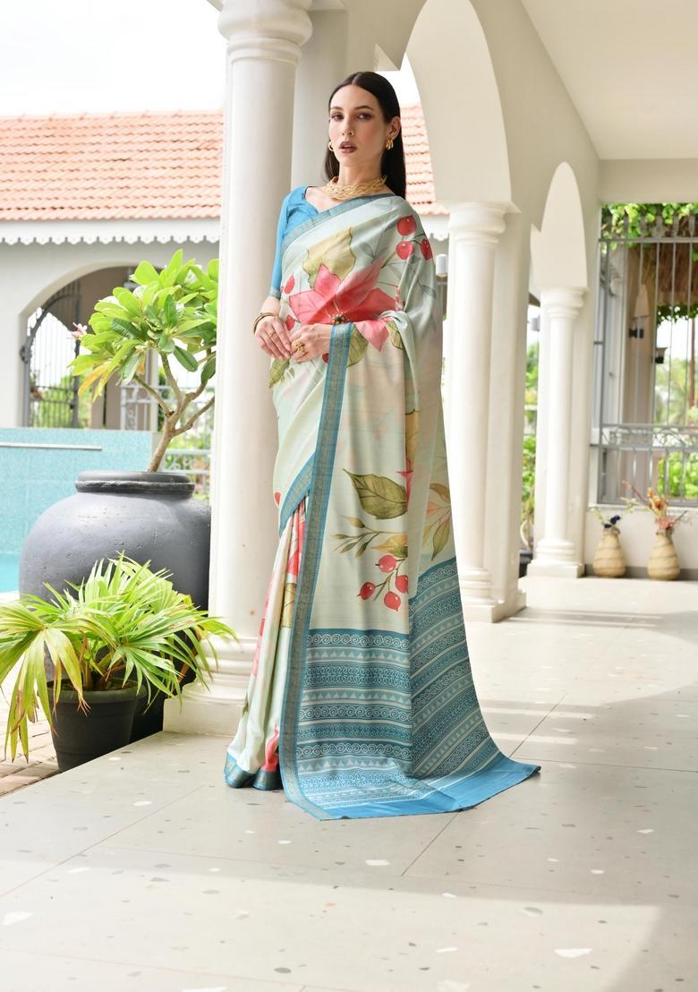 Beige Printed Silk Saree Set - Indya