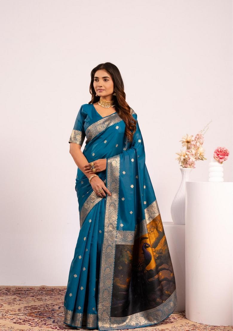 Blue Printed Silk Saree Set - Indya