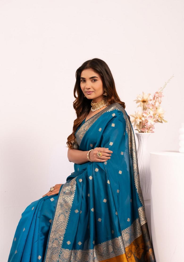 Blue Printed Silk Saree Set - Indya
