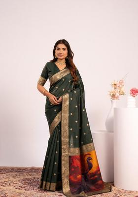 Green Printed Silk Saree Set