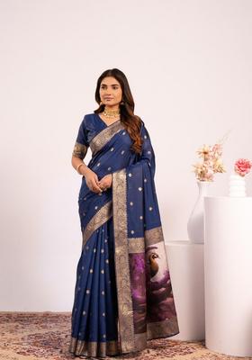 Navy Blue Printed Silk Saree Set