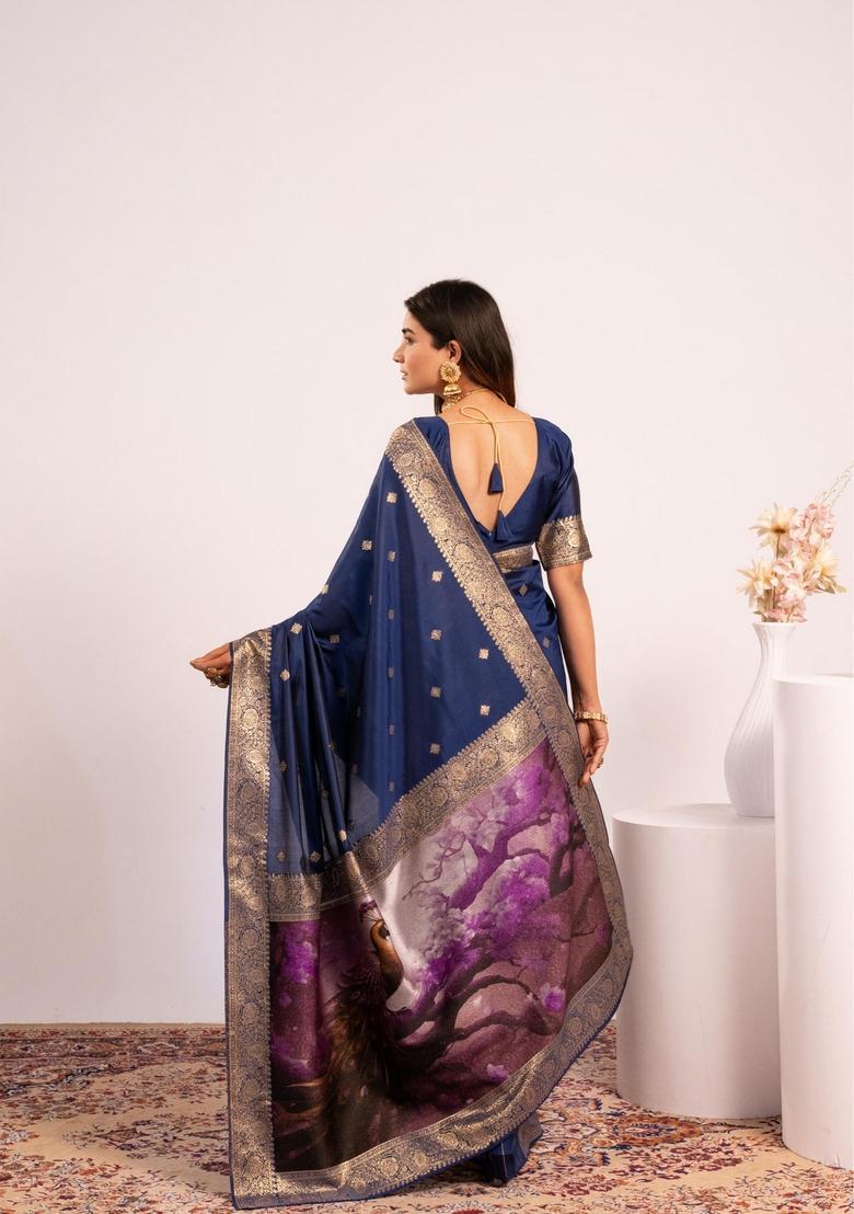 Navy Blue Printed Silk Saree Set - Indya