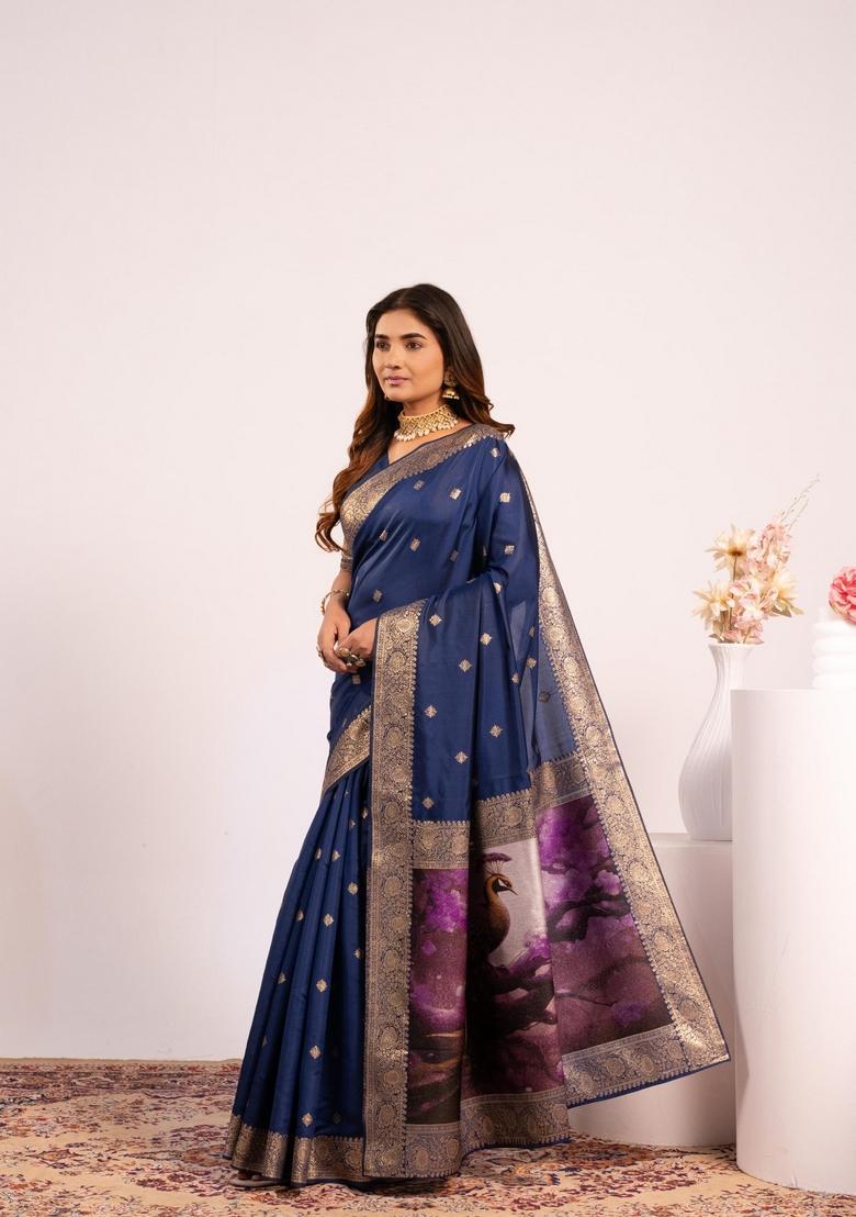Navy Blue Printed Silk Saree Set - Indya