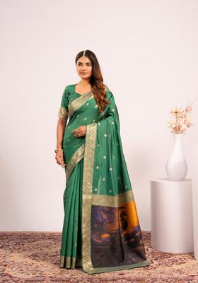 Green Printed Silk Saree Set