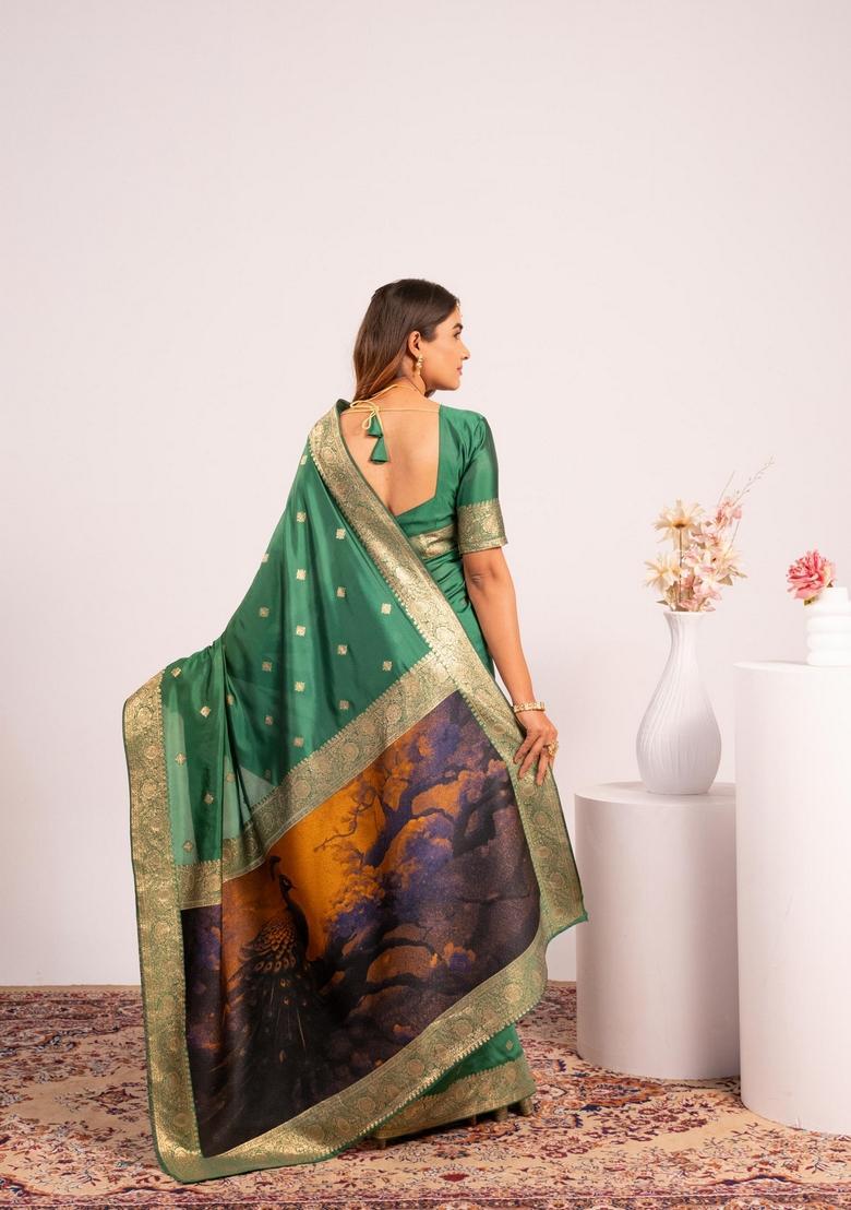 Green Printed Silk Saree Set - Indya