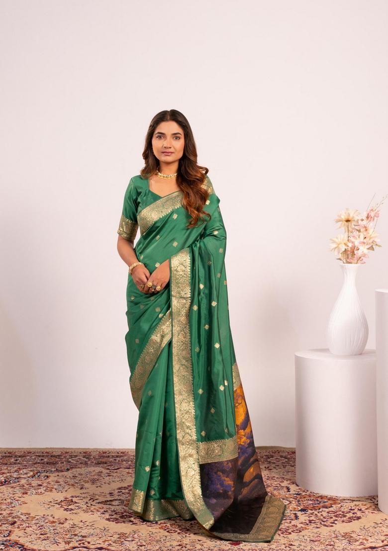 Green Printed Silk Saree Set - Indya