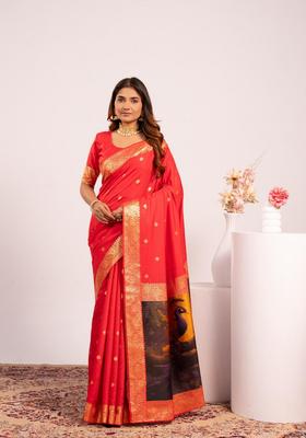 Red Printed Silk Saree Set