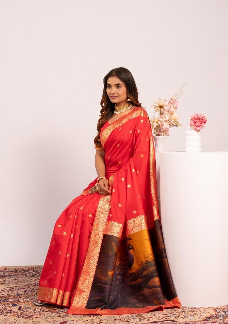 Red Printed Silk Saree Set - Indya