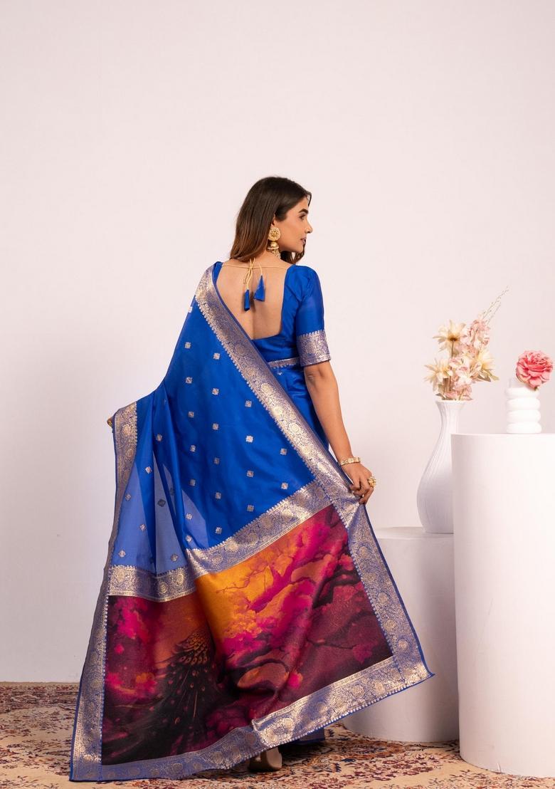 Royal Blue Printed Silk Saree Set - Indya