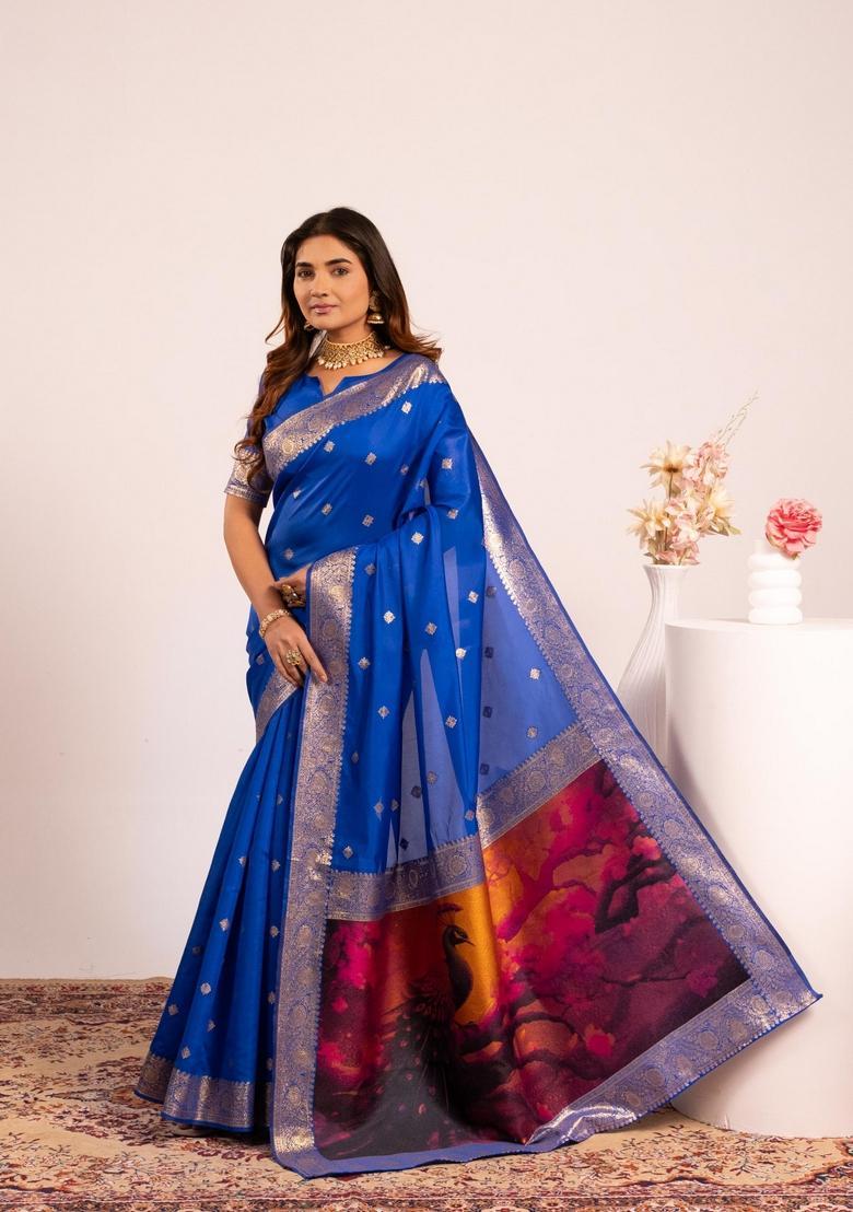 Royal Blue Printed Silk Saree Set - Indya