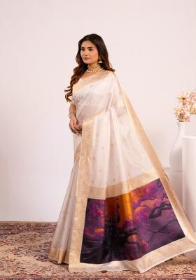 Off White Printed Silk Saree Set