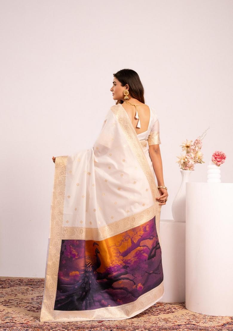 Off White Printed Silk Saree Set - Indya