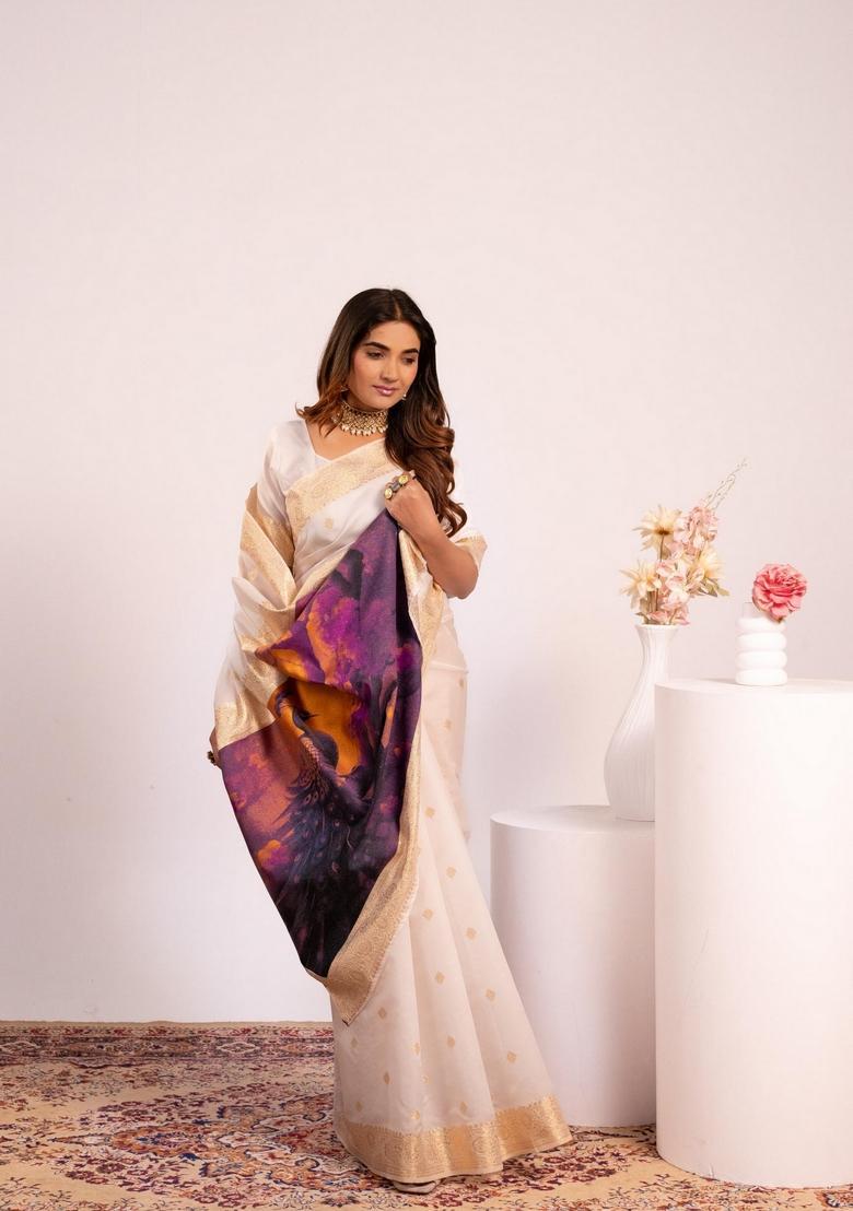 Off White Printed Silk Saree Set - Indya