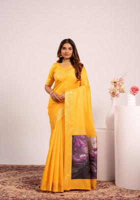 Yellow Printed Silk Saree Set
