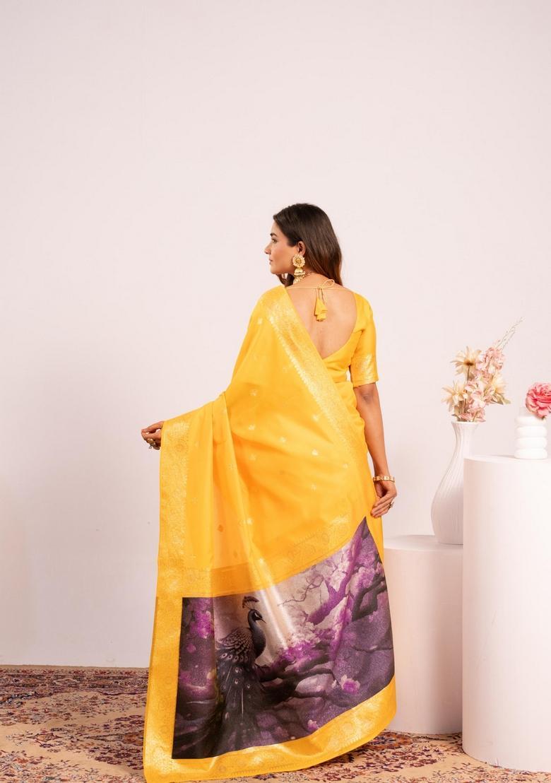 Yellow Printed Silk Saree Set - Indya