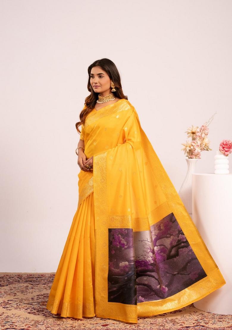 Yellow Printed Silk Saree Set - Indya
