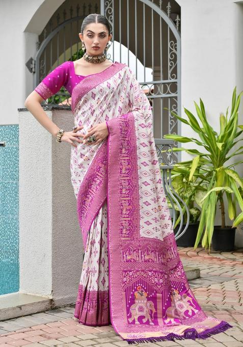 Magenta Printed Silk Saree Set