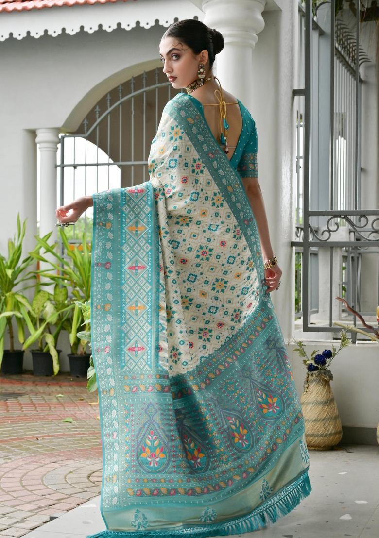 Sea Green Printed Silk Saree Set - Indya