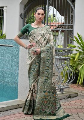 Green Printed Silk Saree Set