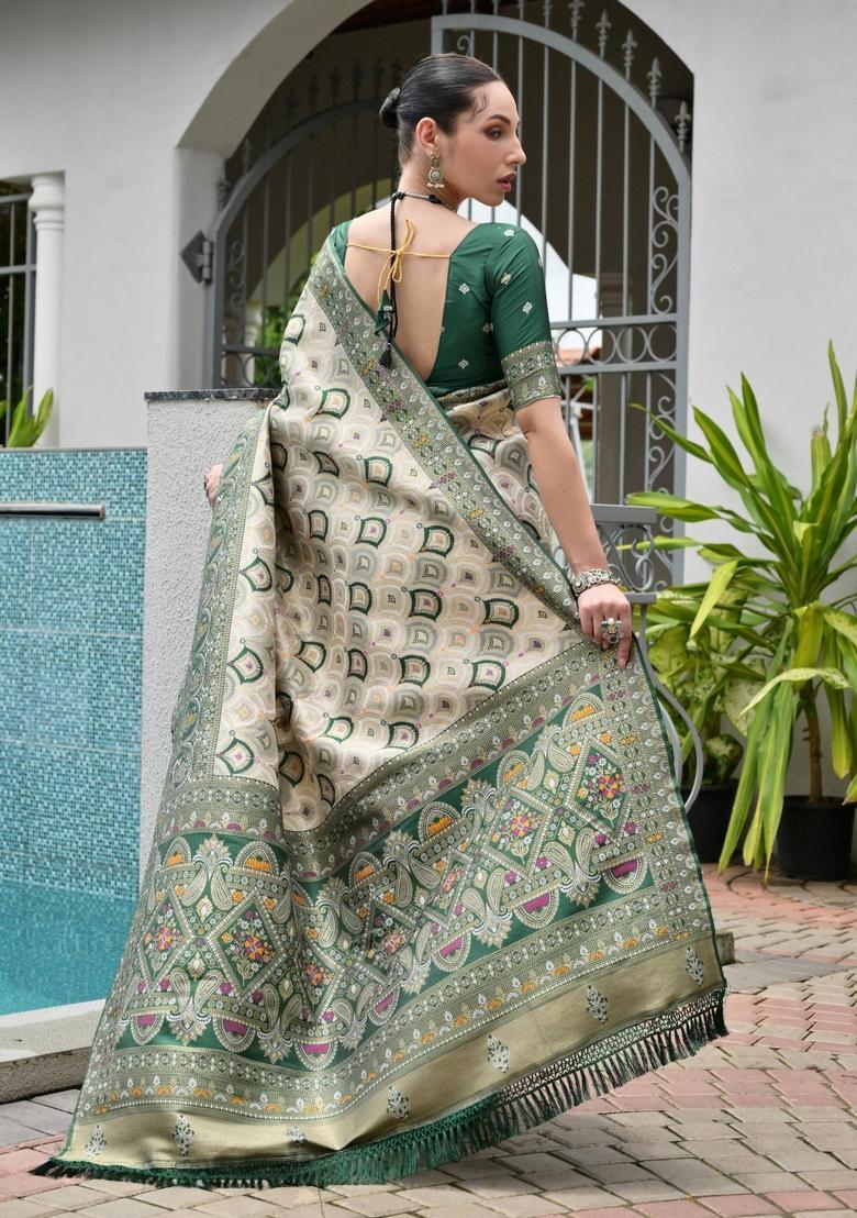 Green Printed Silk Saree Set - Indya