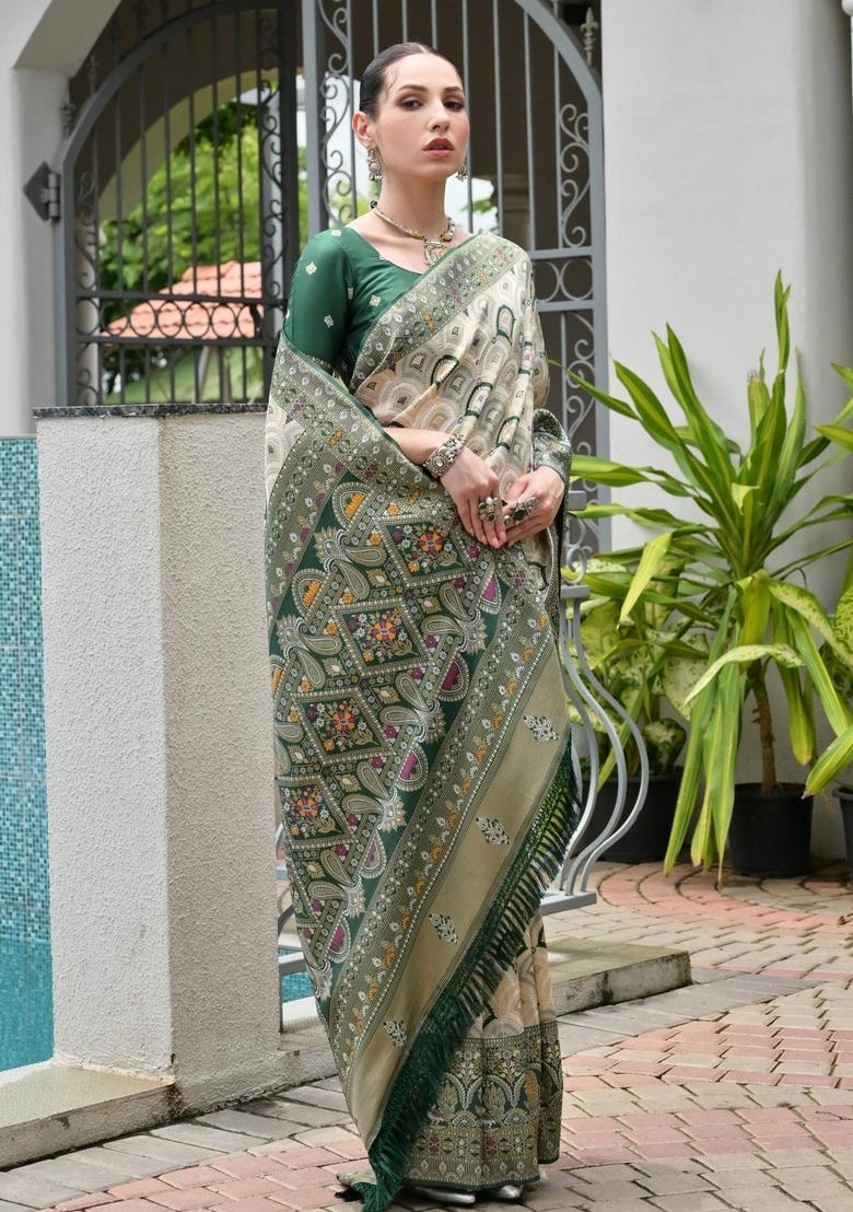 Green Printed Silk Saree Set - Indya
