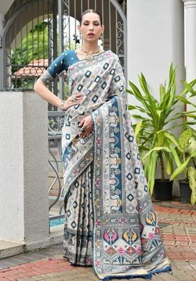 Green Printed Silk Saree Set