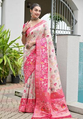Pink Printed Silk Saree Set
