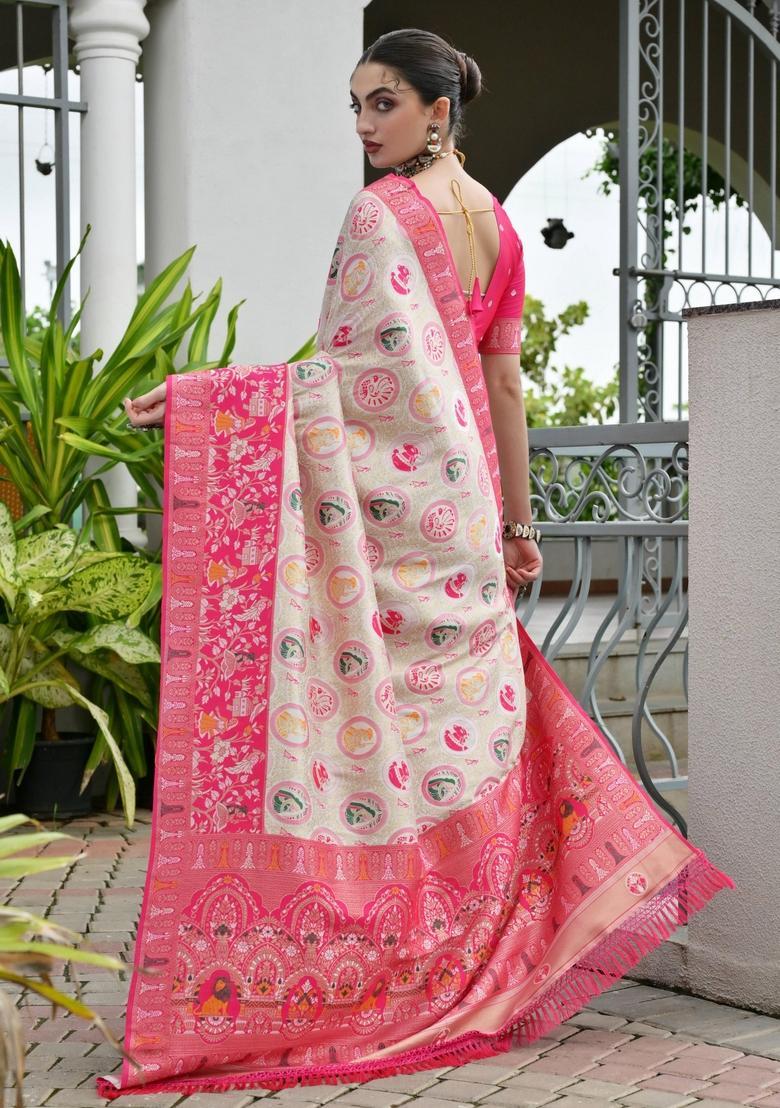 Pink Printed Silk Saree Set - Indya